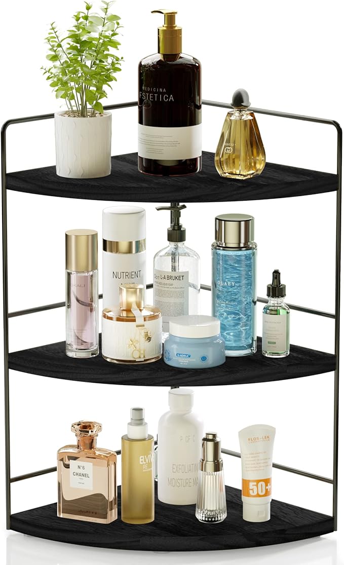 ZGO 3-Tier Bathroom Organizer Countertop, Corner Bathroom Counter Organizer, Makeup Organizer for Vanity Skincare Organizers and Storage, Bathroom Counter Storage(Black)