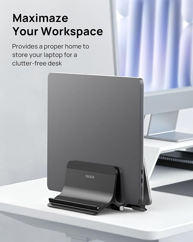 Vertical Laptop Stand Holder for Desk Compatible with MacBook Air, MacBook Pro Stand Vertical Aluminum Up to 17 inch, Gravity Auto-Lock Cooling, 3-in-1 Space Saving Desk Organizer Accessories