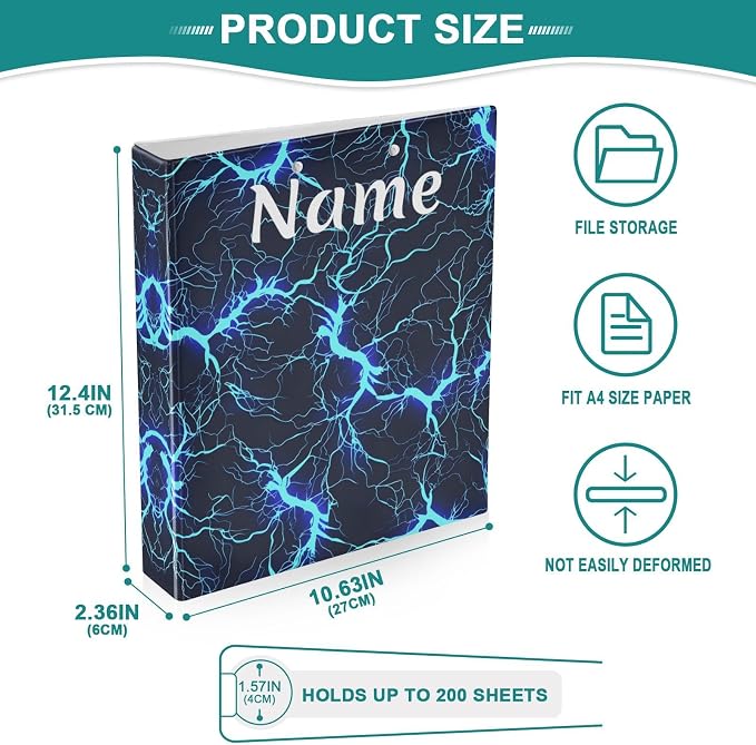 Custom 3 Ring Binder Dark Blue Electric Lightning Pattern 1.5" Round Ring Binders Personalized Name View Binder with 200 Sheet for Kids School Supplies Women Men Office, 1 Pack