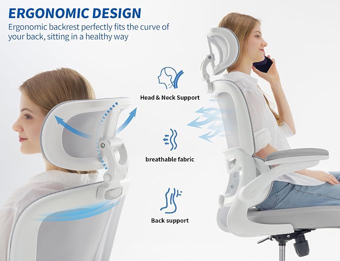 TRALT Office Chair Ergonomic Desk Chair - Gaming Chair with Lumbar Support | 330 LBS Home Office Desk Chairs with Headrest, Reading Chair with Flip-up Armrests, Comfortable Computer Chairs (1, Grey PU)