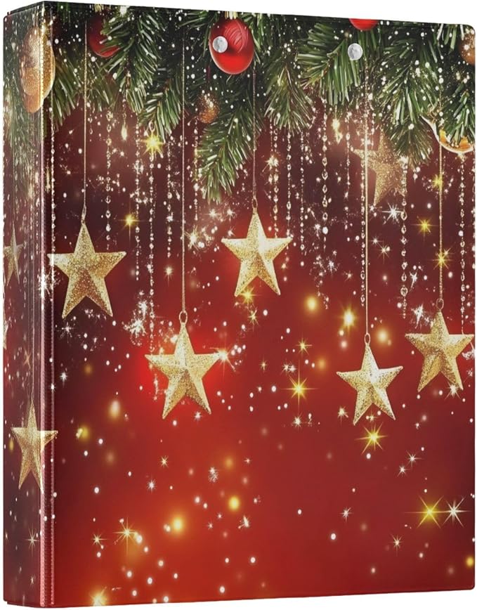 3 Ring Binder Christmas Stars Christmas Balls 1.5 inch Binders Three Ring Binders with Clipboard Fit 8.5'' x 11'' Paper 3 Interior PVC Clear Pockets for Office Supplies