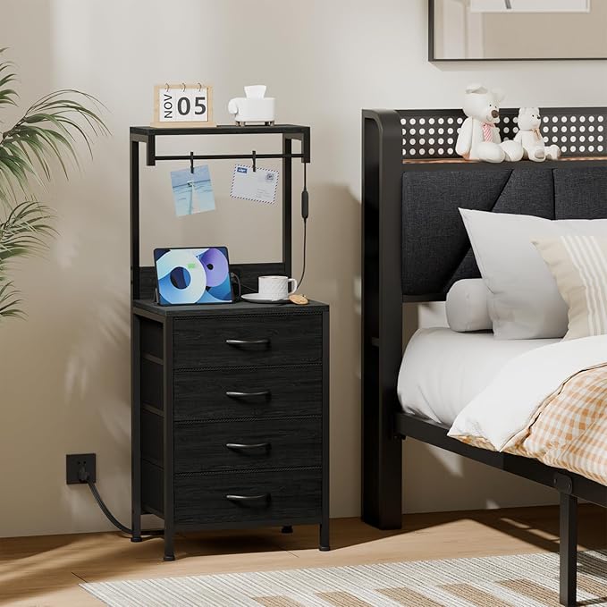 Tall Nightstand with Charging Station, Bed Side Table & End Table | 4 Fabric Drawers and Storage Wood Shelves, Dorm Nightstand with LED Light, Black Night Stand for Bedroom, Dorm, Hallway