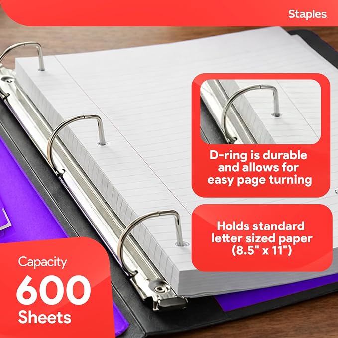 Staples Better 3-Inch D-Ring Binder, Purple, Heavy-Duty | Large-capacity 3-ring binder for school and office document storage.