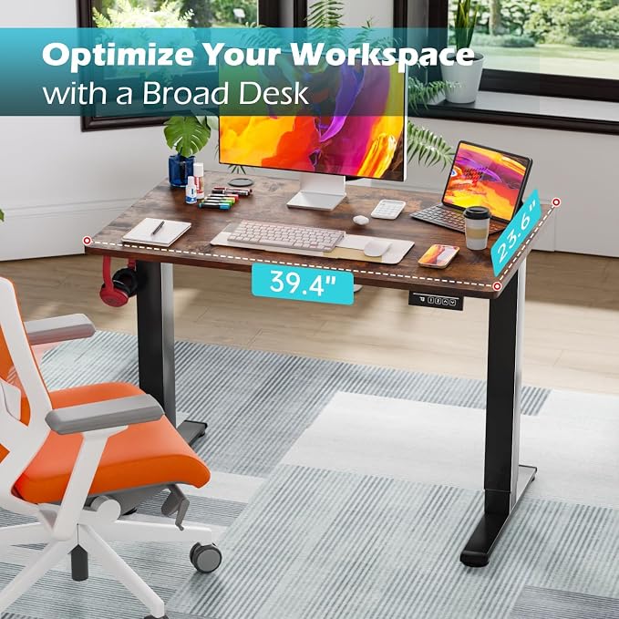PayLessHere 40 Inch Electric Standing Desk Sit Stand up Desk Home Office Desk with Large Space Headphone Holder 2 Memory Function for Home,Office,Meeting Room (Brown)