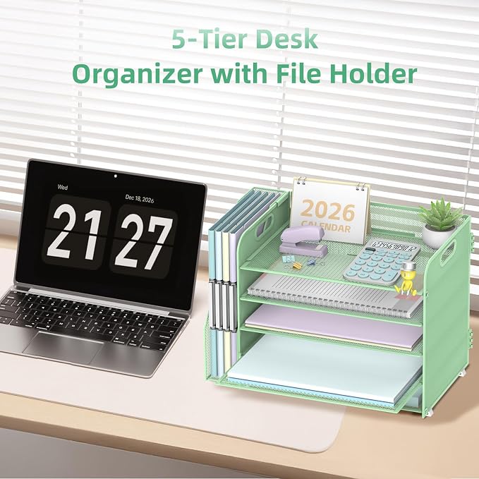 5-Tier Desk Organizer with File Holder, Paper Organizer, Mint Green | 5 Letter Trays and Vertical File Holder with Metal Mesh Frame for Papers Folders Books and Mail in Office Home or School