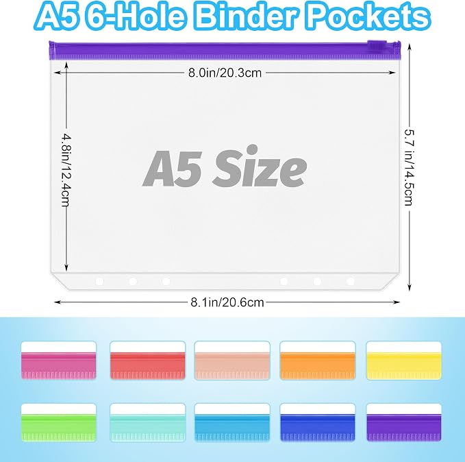 Antner 50PCS A5 Binder Pockets 6-Hole Cash Stuffing Envelopes for Money Saving, 10 Assorted Color Zipper Pouch Folders Budget Planner Inserts Loose Leaf Money Organizer Bags for A5 6-Ring Binder