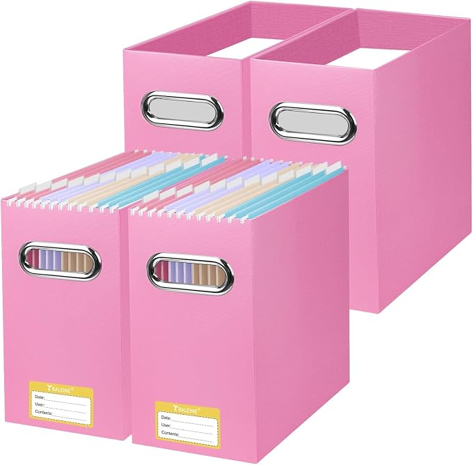 BALEINE 4PK File Organizer Box, Cardboard File Folder Organizer with Handle | Strong Corrugated Paper Core, Label Stickers for Identification, Hanging File Folder Organizer, Home Office Document Storage