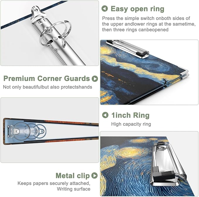 Rouidr 3 Ring Binder with clipboard, 1 inch 8.5 x 11 in Letter Size View Binders Organizer with Dividers Tabs & Clear Sleeves, School Supplies, Office Supplies