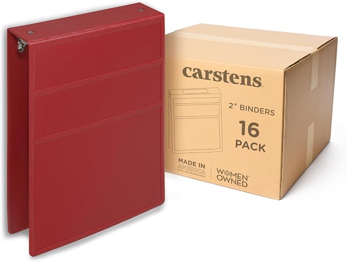 Carstens 2-Inch Heavy Duty 3-Ring Binder - Top Opening, Brick Red, Durable Plastic, No-Gap Rings, Waterproof Cover, No Pockets, Holds 300 US Letter Sheets, BPA-Free, Made in USA (2878-3R), Case of 16