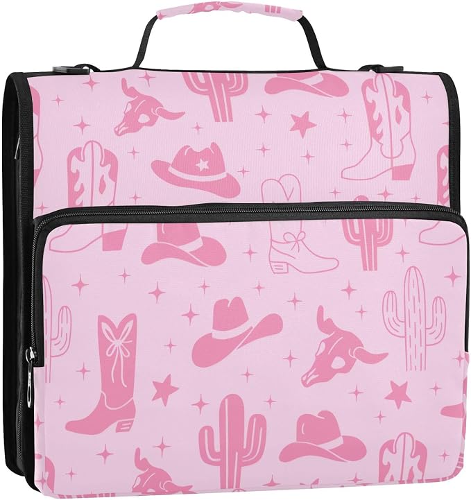 Western Cowboy Pink Print Zipper Binder Bag 3 Ring with Shoulder Strap & Handle Multi Pocket Binder Organizer Bag Large Capacity for School Office Supplies