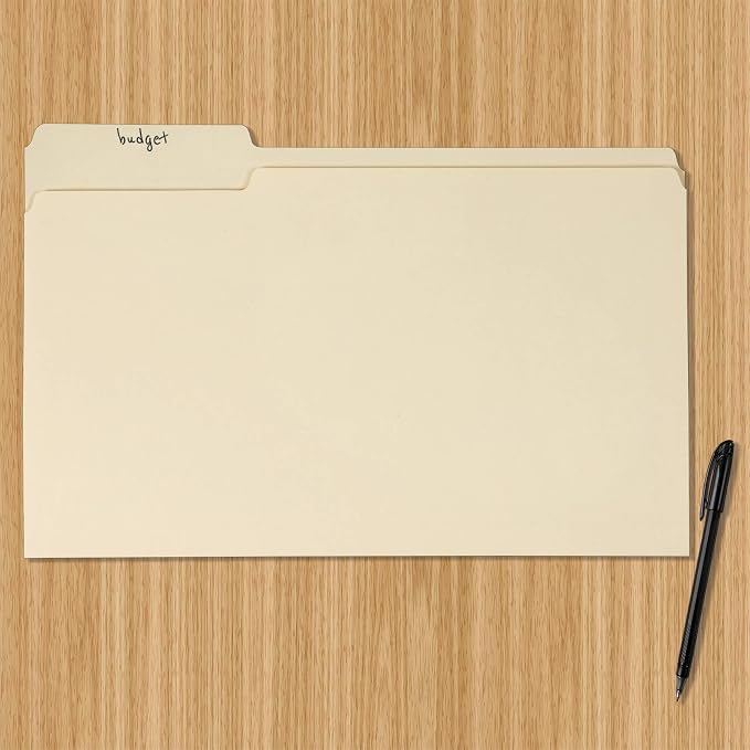 Amazon Basics Sturdy Manila File Folders, 1/3 Tabs in Assorted Positions for Filing and Easy Labeling, Legal Size, 8.5 x 14 inch, 100-Pack