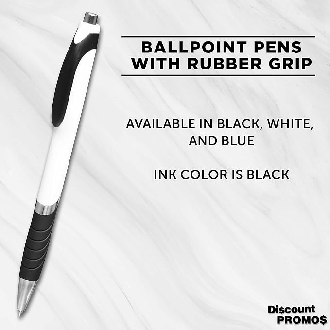 DISCOUNT PROMOS Ballpoint Pens With Rubber Grip - 10 pack - Customizable Text, Logo - Black Ink Ball Point Pen with Soft Touch Plastic - White