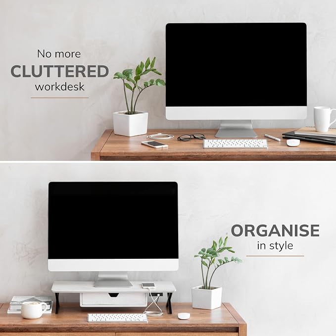 Anji Mountain Monitor Stand - Desktop Organizer & Laptop Riser, Ergonomic Monitor Riser, Space-Saving Monitor Stand for Desk, Durable Construction, Easy Assembly, Ideal for Home & Office,White Wash