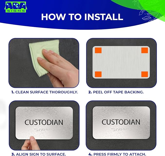 ADASigns Custodian Closet Sign 7" W x 4" H Durable Brushed Aluminum with Grade 2 Braille - Easy Installation with Adhesive Double Sided Tape - ADA Compliant Custodian Sign for Office & Businesses