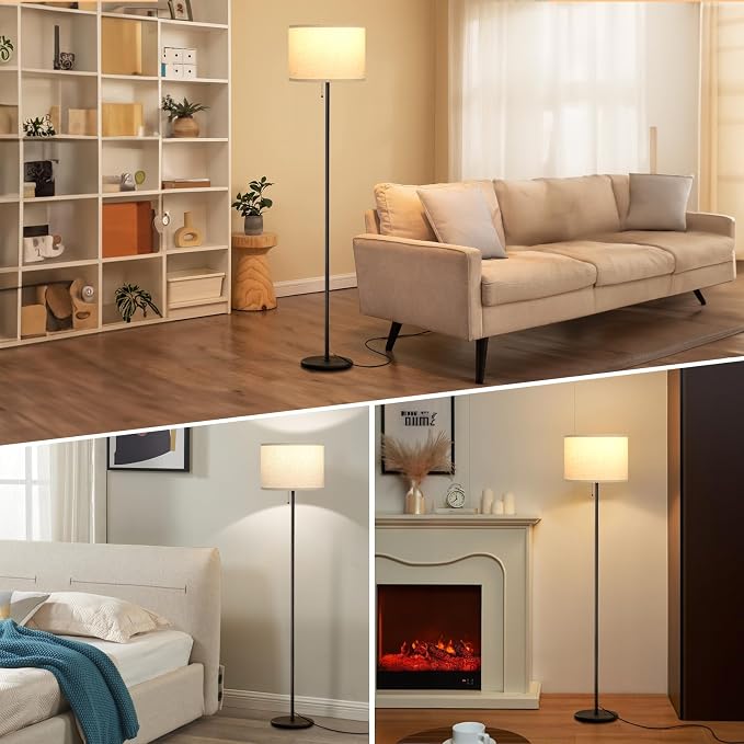 Modern Standing Floor Lamp for Living Room & Bedroom with 3 Color Temperatures Bulb & Pull Chain Switch, 60" Tall with Beige Shade & Black Pole