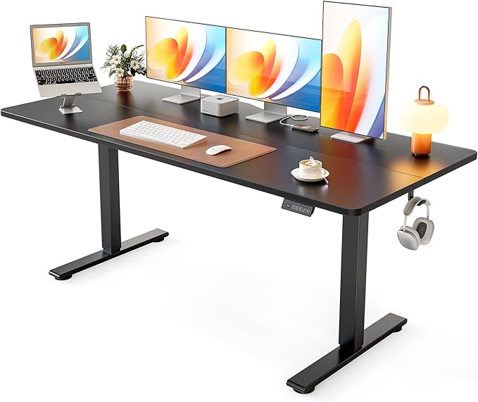 Cubiker Standing Desk, 63x28 Inches Sit Stand Home Office Desk, Electric Stand up Desk, Adjustable Desk with Splice Board, Black Frame/Black Top