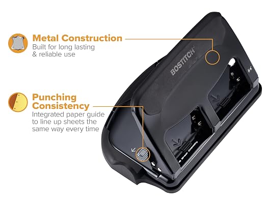 Bostitch Office EZ Squeeze Heavy Duty 3-Hole Punch for Home Office & School, 40-Sheet Capacity, One-Touch Reduced Force, Sleek Black Design