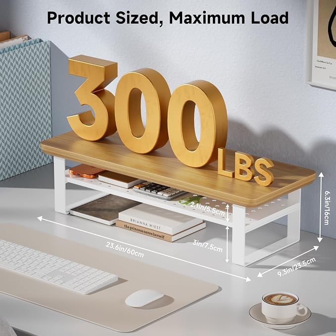 Monitor Stand Riser, 24 Inch Computer Monitor Stand for Desk, 2-Tier Wood Desk Shelf Organizer with Storage, Desktop Stand for Laptop/Screen/PC/Printer, Ergonomic Home Office Monitor Stand
