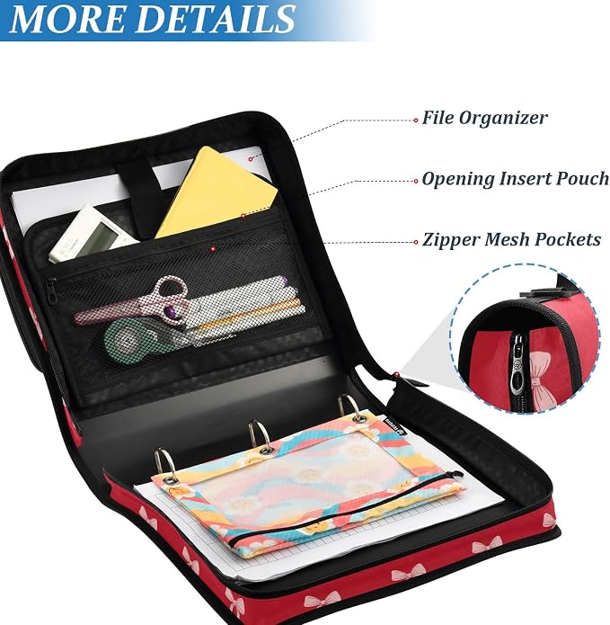 Red Bow Print Zipper Binder Bag 3 Ring with Shoulder Strap & Handle Multi Pocket Binder Organizer Bag Large Capacity for School Office Supplies