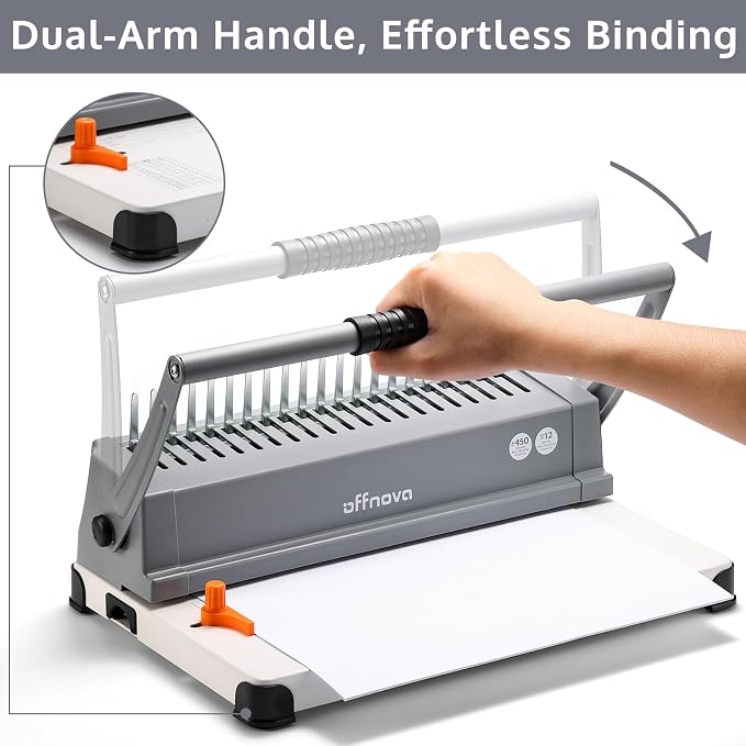 OFFNOVA Binding Machine, 21-Hole 450 Sheets Paper Comb Binding Machine for Letter Size / A4 / A5 Paper, Easy to Punch Handle, Adjustable Margin, Book Binder with 100 PCS 3/8'' Comb Binding Spines