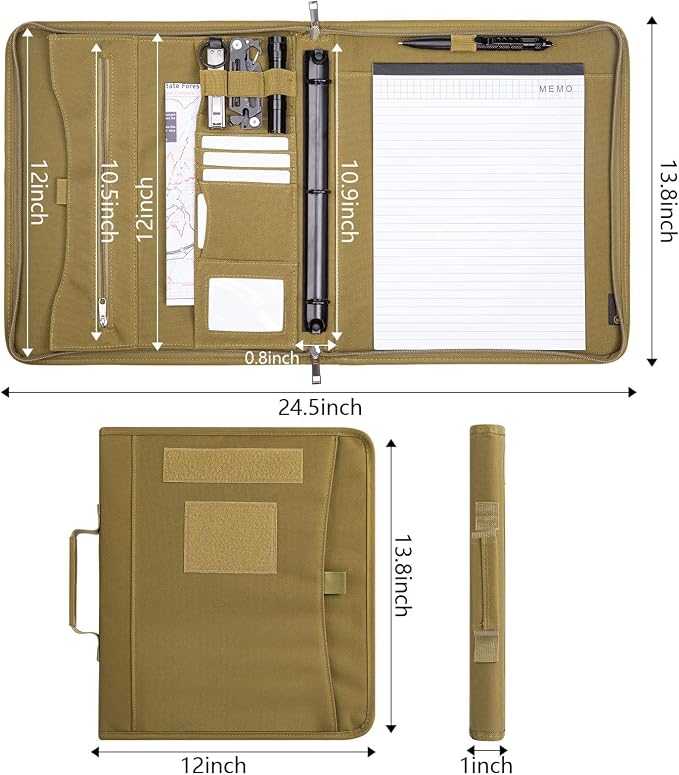 Kosibate Tactical Padfolio Portfolio Binder with Zipper and 25 Sheets of Letter Size Paper,Notebook Cover,Tactical Notebook with Zippered for Folders,Detachable 3-Ring Binder(A4,Khaki,13.5X 11.5Inch)