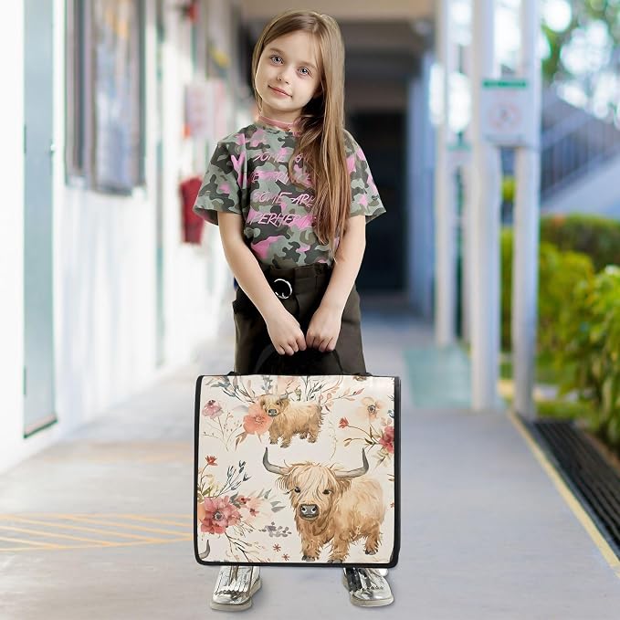 Cute Highland Cows Flowers 3 Ring Binder Bag 1.5 inch Binder Organizer with Zipper Shoulder Strap 500 Sheet Documents Storage for School Office