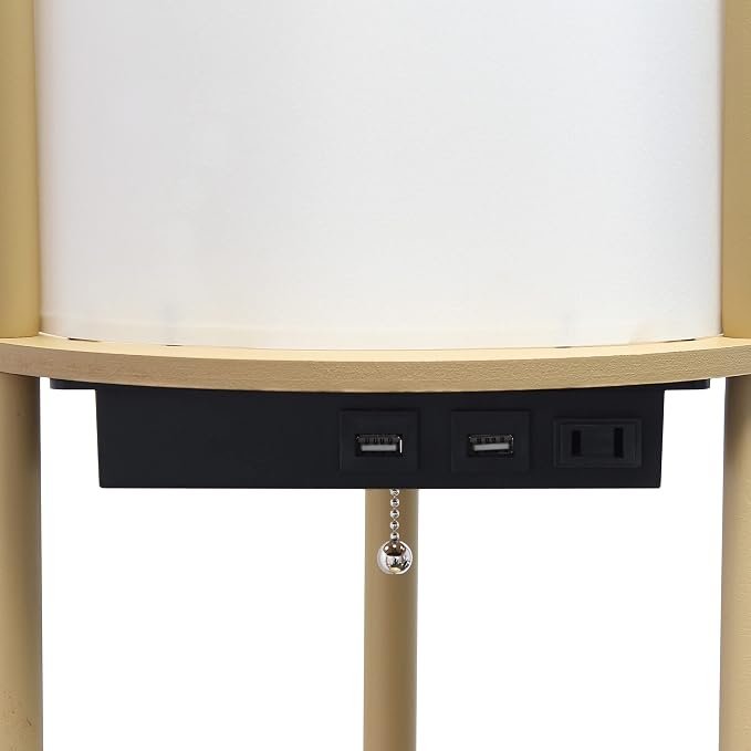 Simple Designs LF2010-TAN 62.5" Round Modern Shelf Etagere Organizer Storage Floor Lamp with 2 USB Charging Ports, 1 Charging Outlet and Linen Shade for Living Room Bedroom Office, Tan
