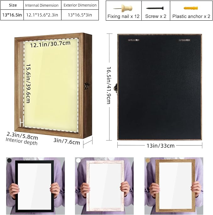 TJ.MOREE Large Shadow Box 13x16 Display Case Wood Picture Frame Carbonized | Fits 12x15.6 Inserts with Linen Back Rustic Keepsake Box with Glass for Memorabilia Bridal Shower Wedding Flowers Gifts