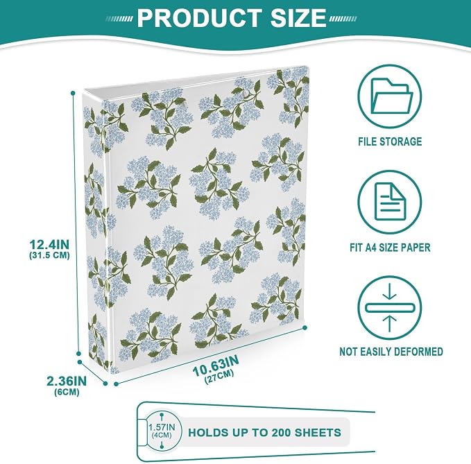 3 Ring Binder 1.5 Inch Blue Blooming Hydrangea Floral Clipboards Binders with Interior Pockets Round Ring Binder for Office Supplies and School 1 Pack