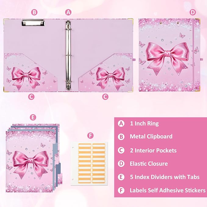 1 Inch 3 Ring Binder with Clipboard, Cute Binder Pink Bow Design, Holds 200 Sheets A4 Letter, Inside Pockets & 5 Tab Dividers, Pretty Classic Pink Binder for School Office Supplies(Pink Diamond Bow)