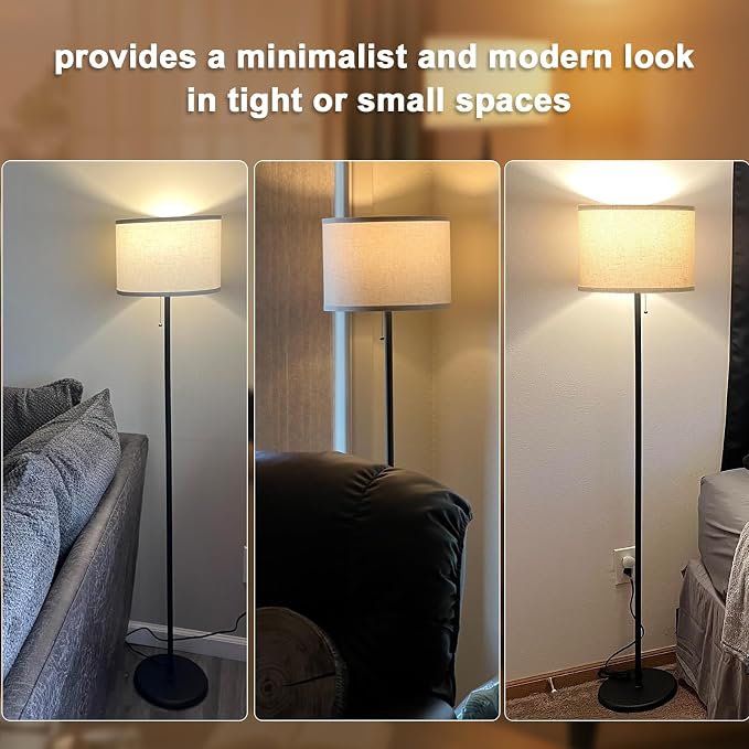 Modern Standing Floor Lamp for Living Room & Bedroom with 3 Color Temperatures Bulb & Pull Chain Switch, 60" Tall with Beige Shade & Black Pole