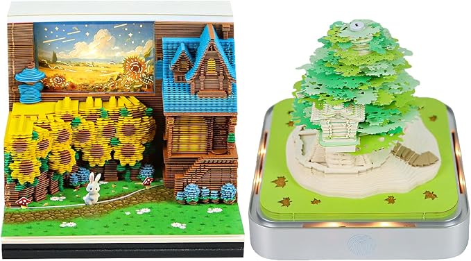 3D Time Piece Calendar, 2027 Desk Calendar With LED Light, 3d Tree Memo Pad Creative Desk Calendar, Christmas Gift for Colleague Friend, Desktop Decoration (Sunflower Yard)