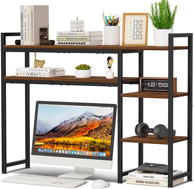 Snughome Adjustable Desk Shelf with Monitor Stand, 38.6" Desktop Organizer Hutch, Height Adjustable Computer Monitor Riser & 4 Tier Storage Bookshelf for Home Office Dorm