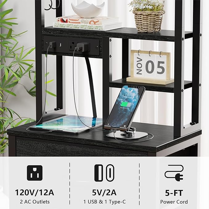 Black Nightstands Set of 2, Tall Night Stand with Charger Station | 3 Fabric Drawers and Led Lights, USB Ports & type-C, 4-Tier Storage Shelves, Tall Bed Side Table for Bedroom/Dorm/Office