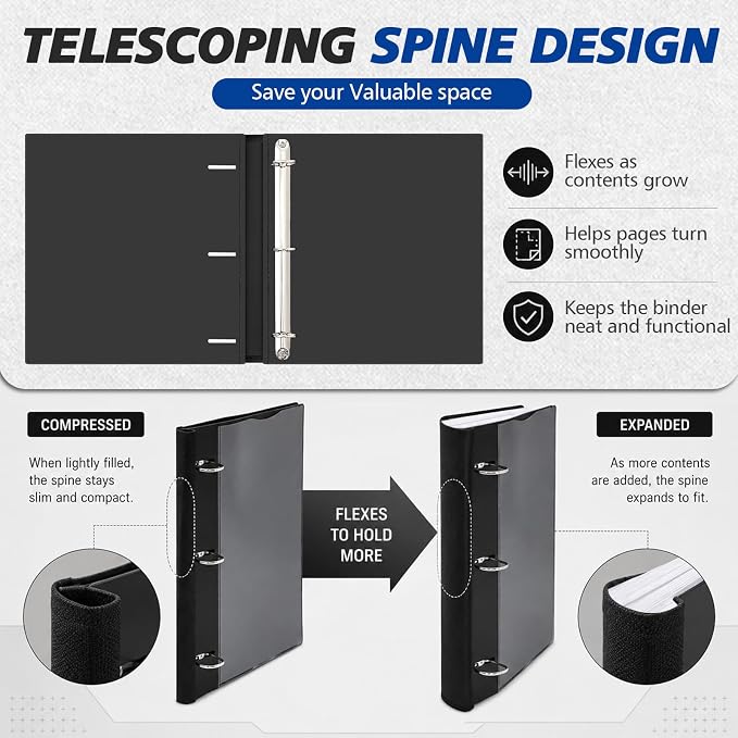 Henoyso 6 Pack 1 Inch D Ring Telescoping 3 Ring Binder Bulk, Binders with Clear Front Pocket and Telescoping Spine, 8.5" x 11" Paper Organizer, Home Office Organization Supplies (Black)
