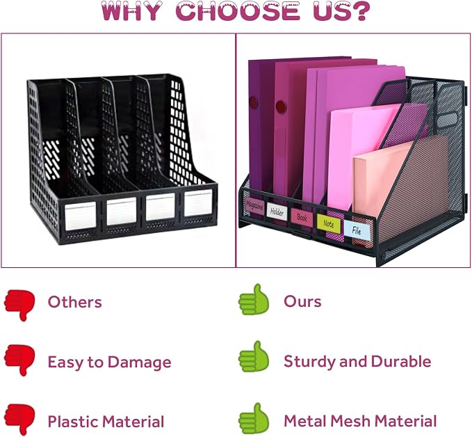 Desk Organizers, Metal Magazine File Holder with 5 Vertical Compartments Rack Binder File Organizer for Office Supplies, Home Workspace - Black