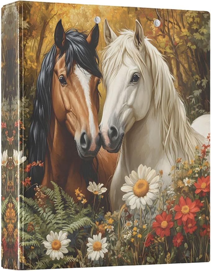 3 Ring Binder Horses with Flower 1.5" Round Ring Binders View Binder with 200 Sheet for Women Men Office Kids School Supplies, 1 Pack