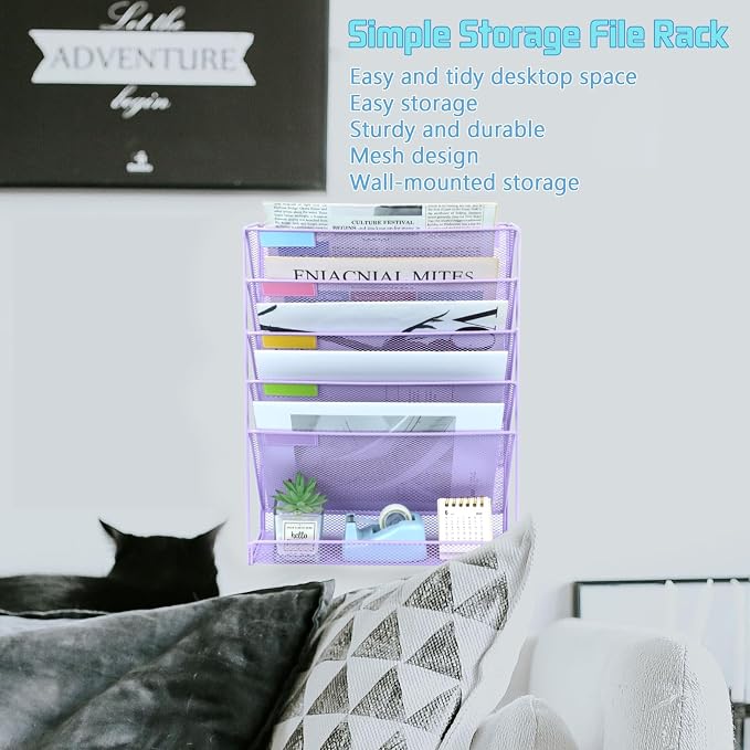 5 Pockets Mesh Wall File Holder Organizer with Bottom Flat Tray, Office Hanging File Folder Magazine Rack, Nametag Label Hooks Set Included, Purple
