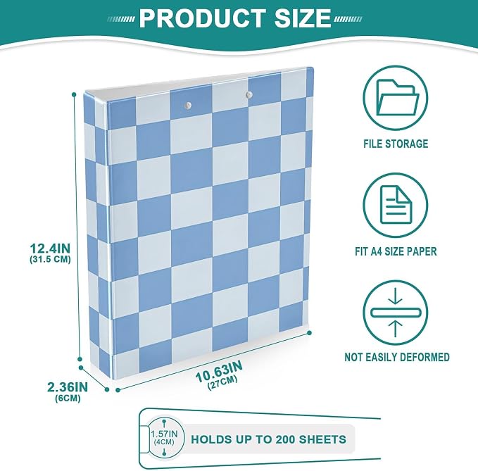 Blue Checkered White Buffalo Plaid 3 Ring Binder with 2 Interior Pockets 1.5 inch Binders 3 Ring Heavy Duty Fit 8.5" x 11" Letter Size for Office School, 2 Pack