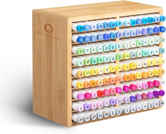 Ohuhu Bamboo Marker Organizer, Wooden Desktop Storage Holds 126 Markers | Markers Pens Pencils Art Brushes Stationary Organizer Pencil Holder with 18 Compartments for Classroom Office Decor Home