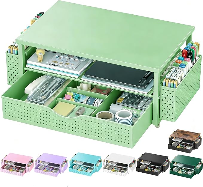 Spacrea Desk Organizer and Accessories, Computer Monitor Stand Riser with Drawer and 2 Pen Holders, Office Desk Accessories & Workspace Organizers for Office Supplies (Sage Green)