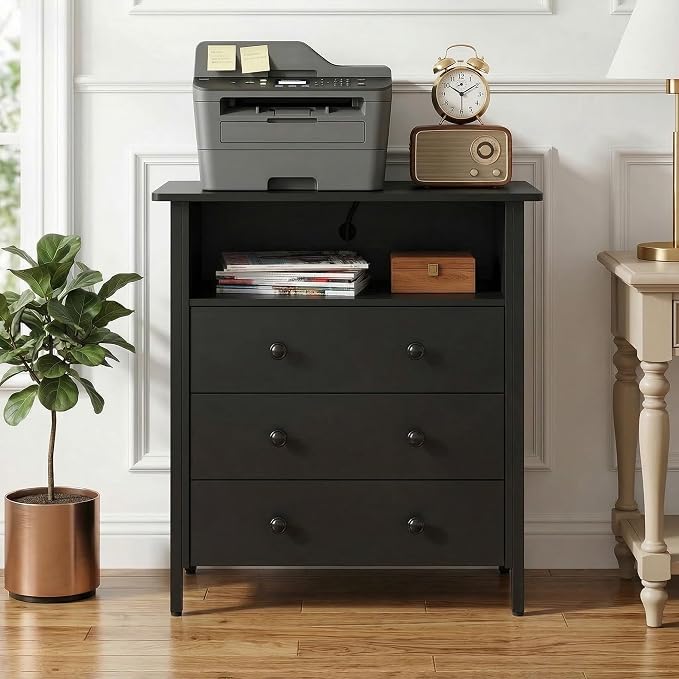 27" LED Nightstand Set 2 with Charging Station & 3 Drawers, Black | RGB App Control, 2 AC Outlets & 2 USB Ports, Open Storage, Adjustable Feet, Wood Tall Nightstand for Bedroom or Office