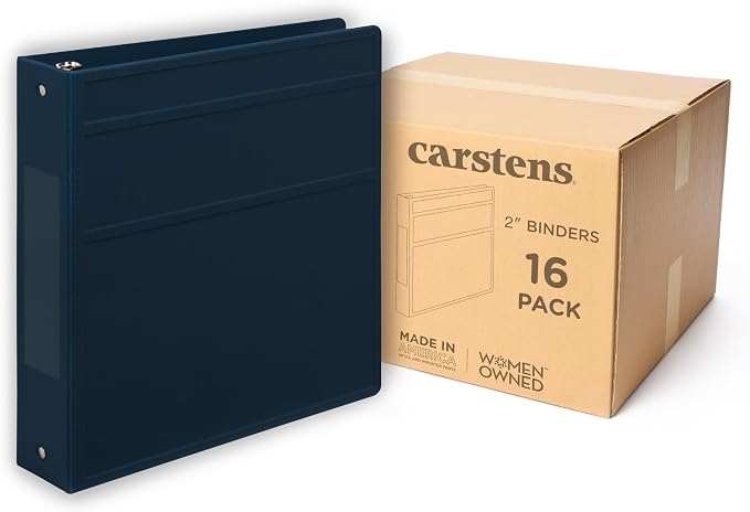 Carstens 2-Inch Heavy Duty 3-Ring Binder - Side Opening, Navy Blue, Durable Plastic, No-Gap Rings, Waterproof Covers, No Pockets, Holds 300 US Letter Sheets, BPA-Free, Made in USA (2829-3R) Case of 16