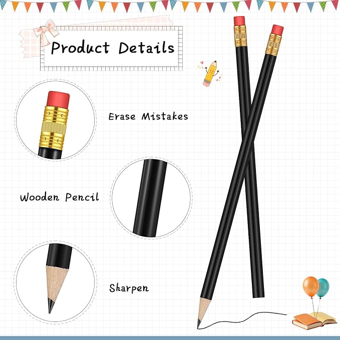 Outus 144 Pieces Round Pencils Cute HB Graphite Wood Pencils Bulk with Eraser for School Writing Drawing Sketching Wedding Office Supplies(Black)