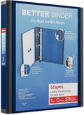 Staples Better View 1-Inch D-Ring Binder, Blue, Clear Overlay | Durable 3-ring binder for school and office document organization.