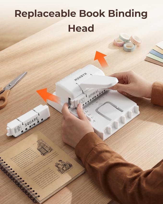 MUNBYN Multi Binding Machine with 2 Detachable Heads(Round & Square), White | DIY Small Book Binder for Notebooks, Calendars, Albums, Journals at Home, School, Office