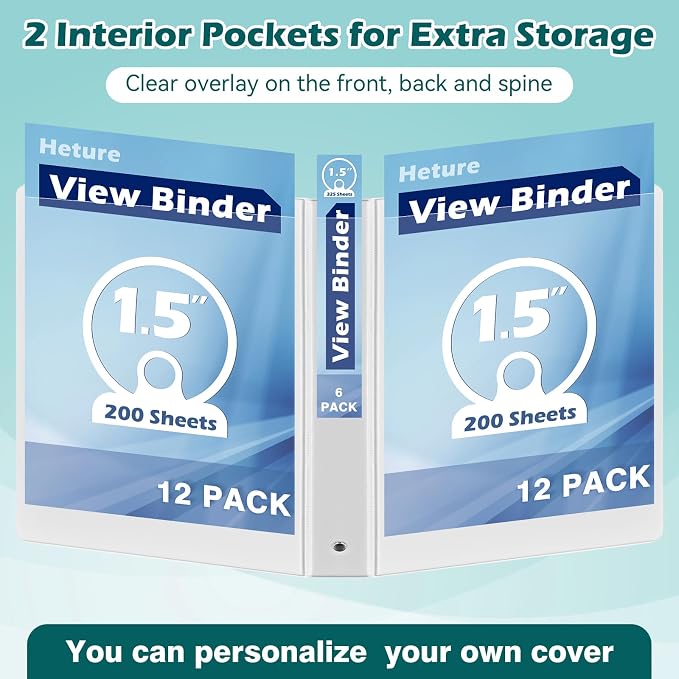 Heture 3 Ring Binder 1.5 Inch 6 Pack, 1-1/2" Clear View with Round Rings, PVC-Free,Holds for 325 Sheets 8.5X 11 US Letter Size Paper, Durable White Binders Perfect for Office,School and Home