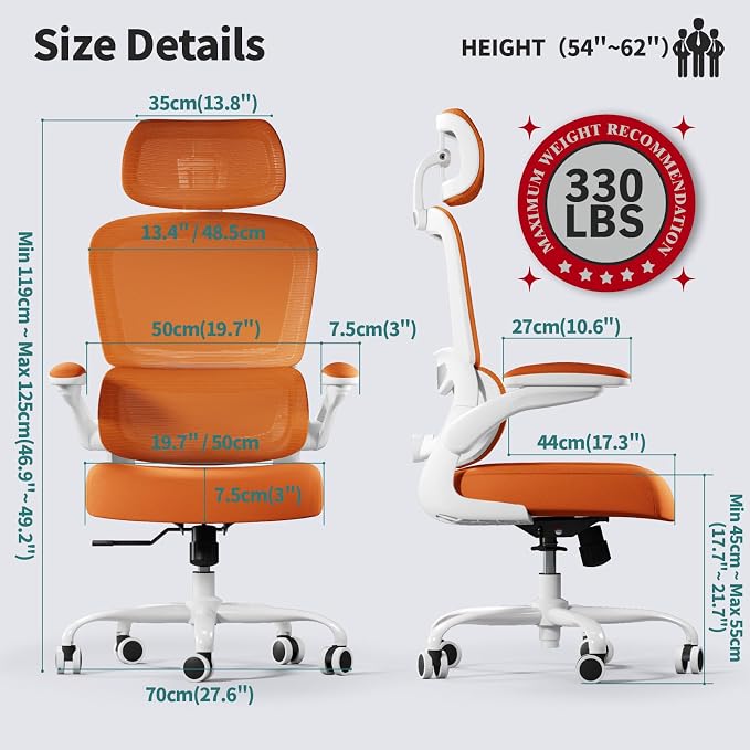 TRALT Office Chair Ergonomic Desk Chair - Gaming Chair with Lumbar Support | 330 LBS Home Office Desk Chairs with Headrest, Reading Chair with Flip-up Armrests, Comfortable Computer Chairs (1, Orange)