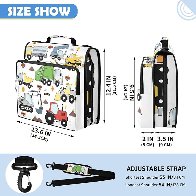 Excavator Truck Zipper Binder File Organizer Bag 3 D-Ring | with Shoulder Strap, Holds 500 Sheets & 14in Laptop, 3 Ring Binder for Office Supplies