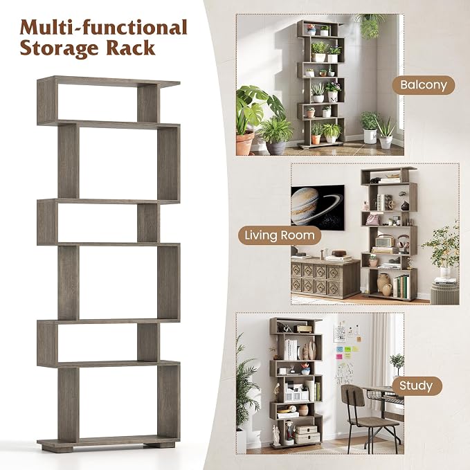 Tangkula 6-Tier S-Shaped Bookshelf, 64" Freestanding Geometric Bookcase, Home Office Wood Storage Shelf with Anti-Toppling Device, Room Divider Display Rack for Study Living Room (2, Grey Oak)
